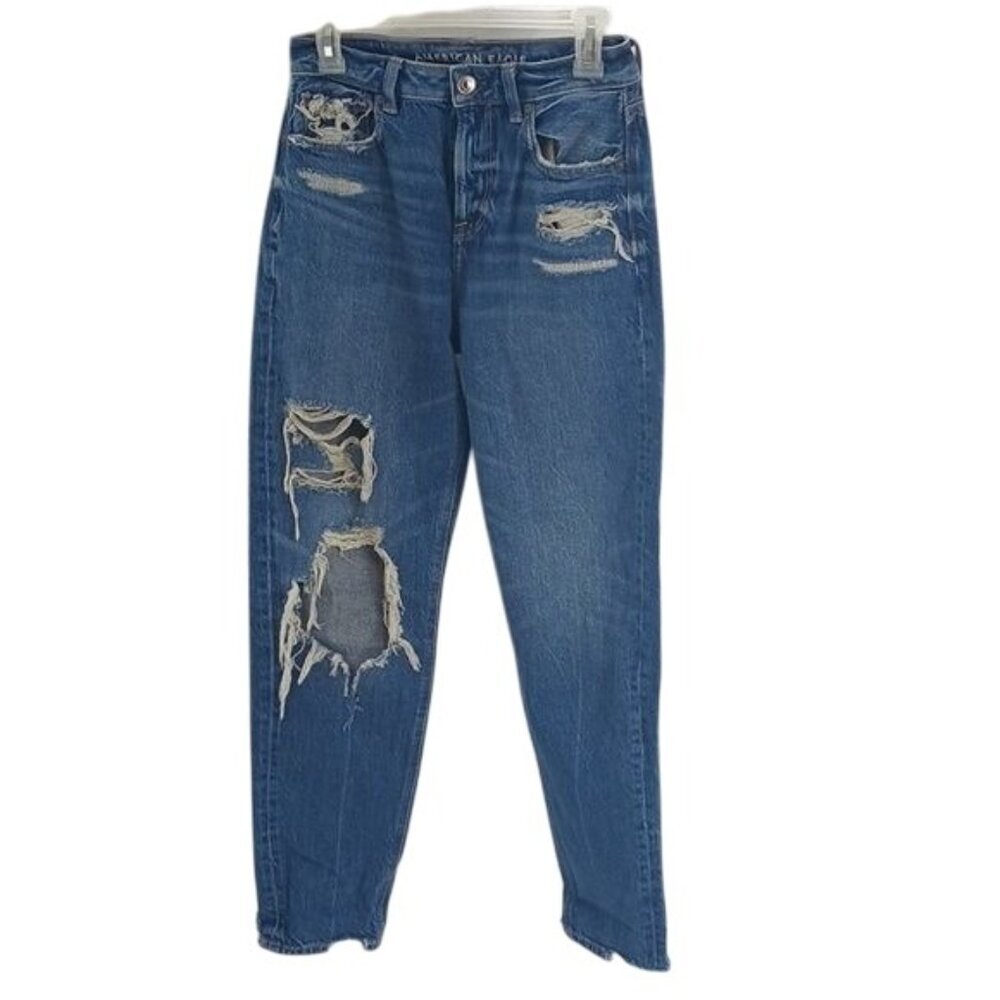 American Eagle Womens 2 Mom Jeans High Rise Distressed Ripped Blue Denim Casual